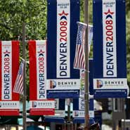 Banners advertising the Democratic National Convention line Denver's 16th Street Mall 